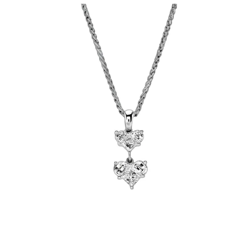 18ct White Gold Diamond Set Double Heart Drop Pendant & Chain