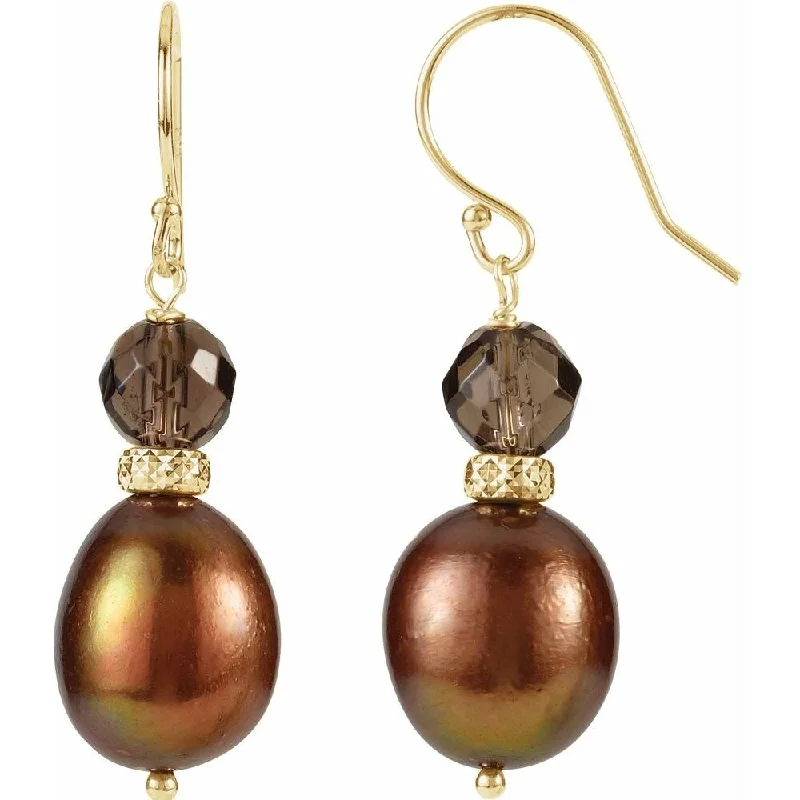 14k Yellow Gold Freshwater Cultured Pearl & Smoky Quartz Dangle Earring for Women