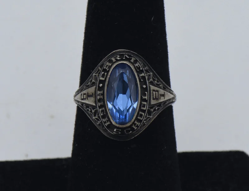 Vintage Palladium-Silver Alloy Synthetic Sapphire 1981 Carmel High School Class Ring - Size 6.5