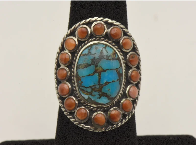 Vintage Handmade Sterling Silver Turquoise and Shell Ring - Size 6