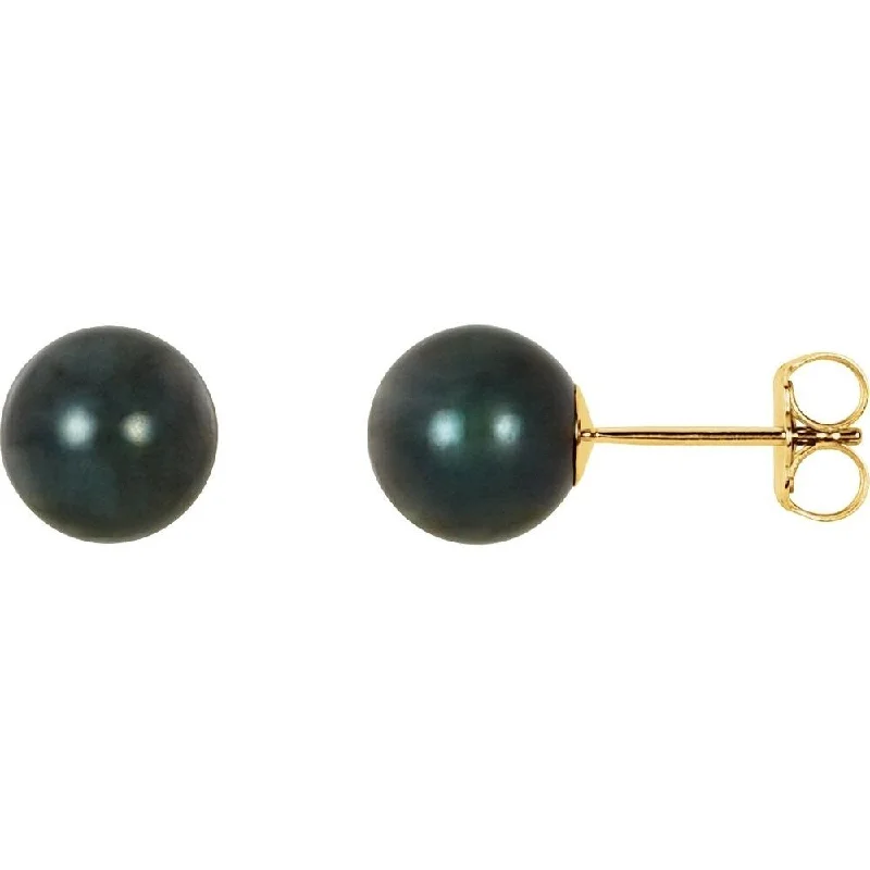 14k Yellow Gold 7 mm Black Akoya Cultured Pearl Stud Earring for Women