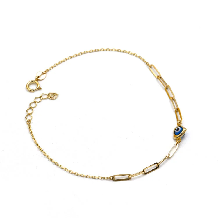 Real Gold Paper Clip Chain with Evil Eye Heart Charm Bracelet - Model 1447 BR1725