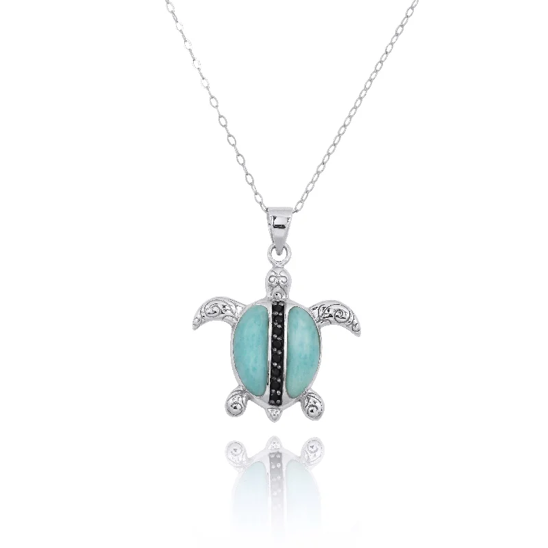 Sterling Silver Turtle Pendant Necklace with Larimar and Black Spinel