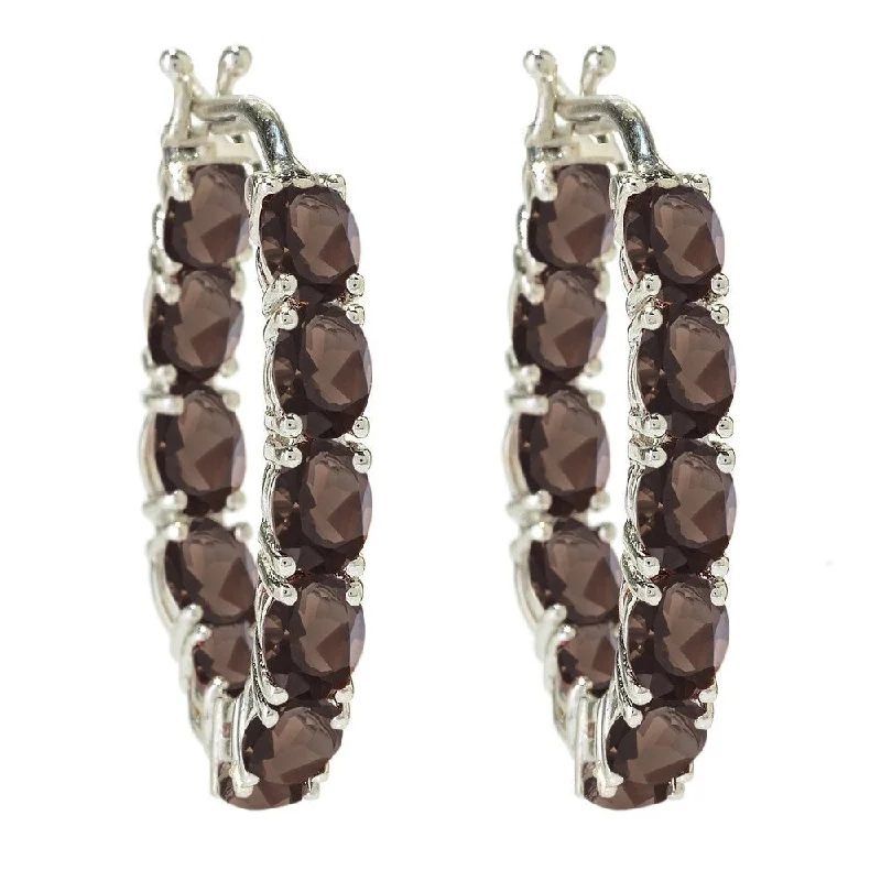 Rhodium Over Sterling Silver 3.23Ctw Smoky Quartz Hoops Earring 0.75"L