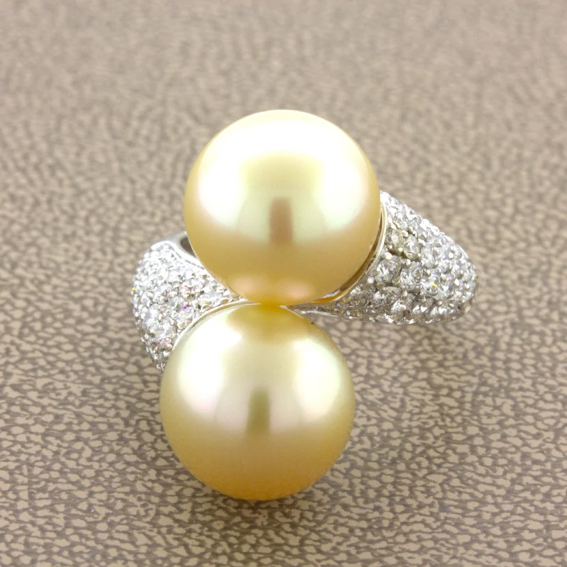 South Sea Golden Pearl Diamond 18K White Gold Bypass Ring