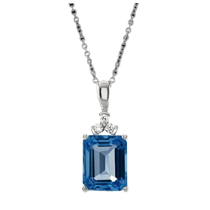 18ct White Gold Rectangular Cut Blue Topaz & Diamond Pendant & Chain