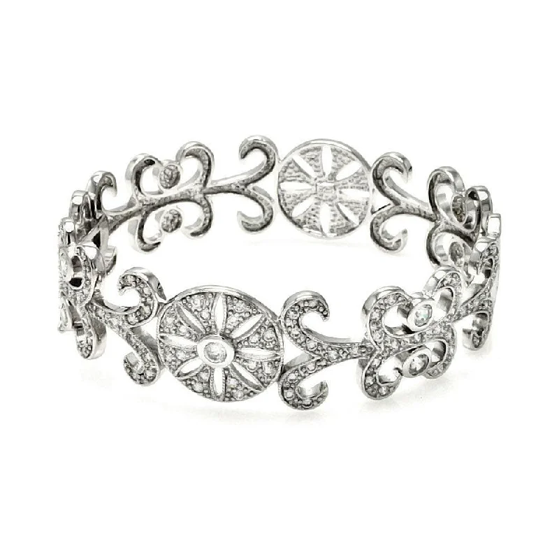 Clearance-Silver 925 Rhodium Plated Flower Design CZ Bangle Bracelet - BGG00036