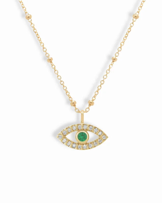 14k Diamond + Emerald Evil Eye Pendant Necklace