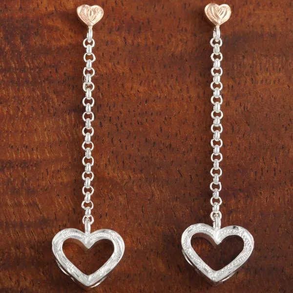 Heart-Chain-Heart Scrolling Earring Pink Gold Two Tone