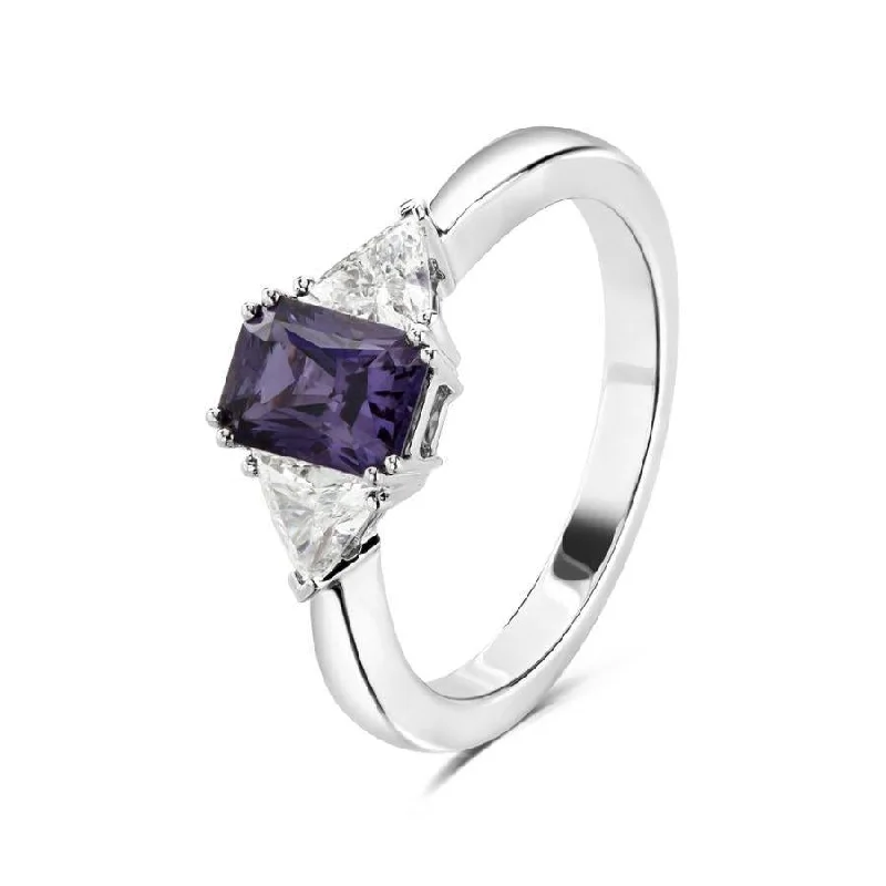 18ct White Gold Rectangular Cut Purple Sapphire & Trilliant Cut Diamond Trilogy Ring