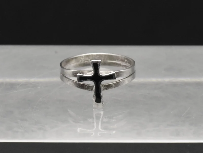 Vintage Sterling Silver and Black Enamel Cross Ring - Size 3.75