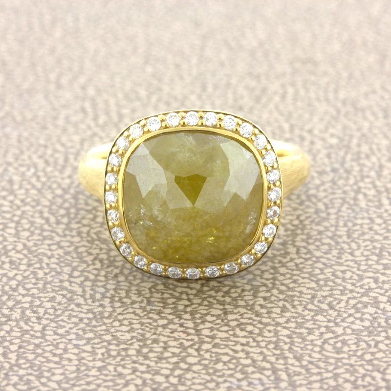 8.75 Carat Fancy Yellow Rose-cut Diamond Halo 18k Yellow Gold Ring