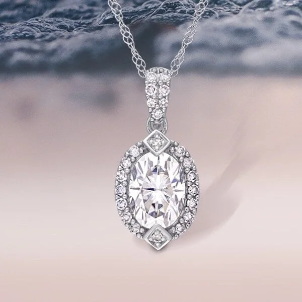 Miadora 1ct DEW Oval-cut Moissanite and 1/8ct TDW Diamond Halo Drop Necklace in 10k White Gold - 16.5 mm x 17 inch x 7.7 mm