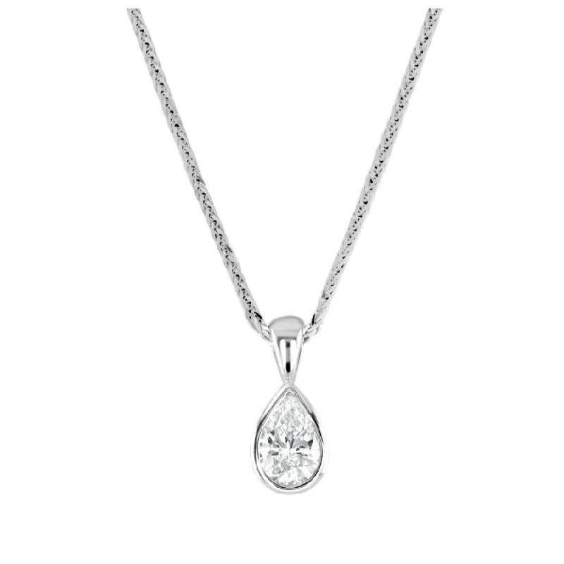 18ct White Gold Rubover Set 0.60ct Pear Cut Diamond Pendant & Chain