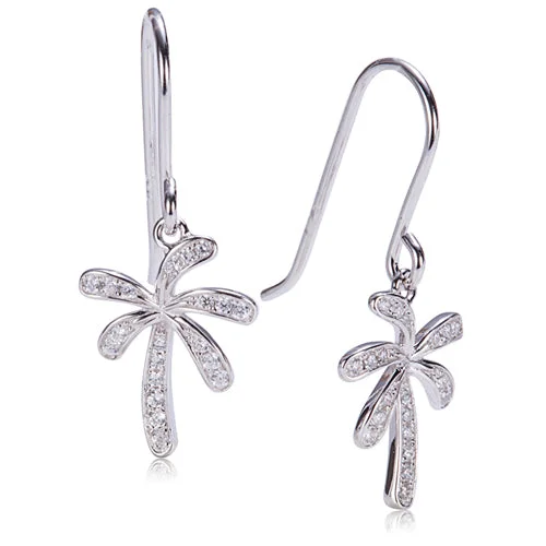 Palm Tree Sterling Silver Hook Earring Pave Cubic Zirconia