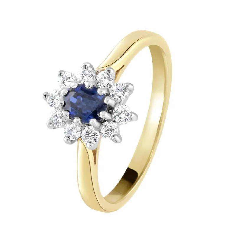 18ct Yellow Gold Oval Cut Sapphire & Diamond Cluster Ring