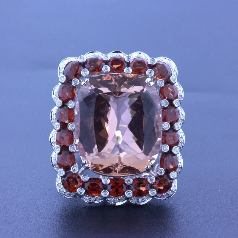 Massive 30.39 Carat Morganite Diamond Garnet 18k White Gold Cocktail Ring