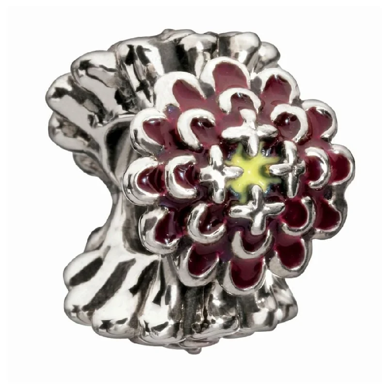 Silver enamel bead - Burgandy Blooming Zinnia