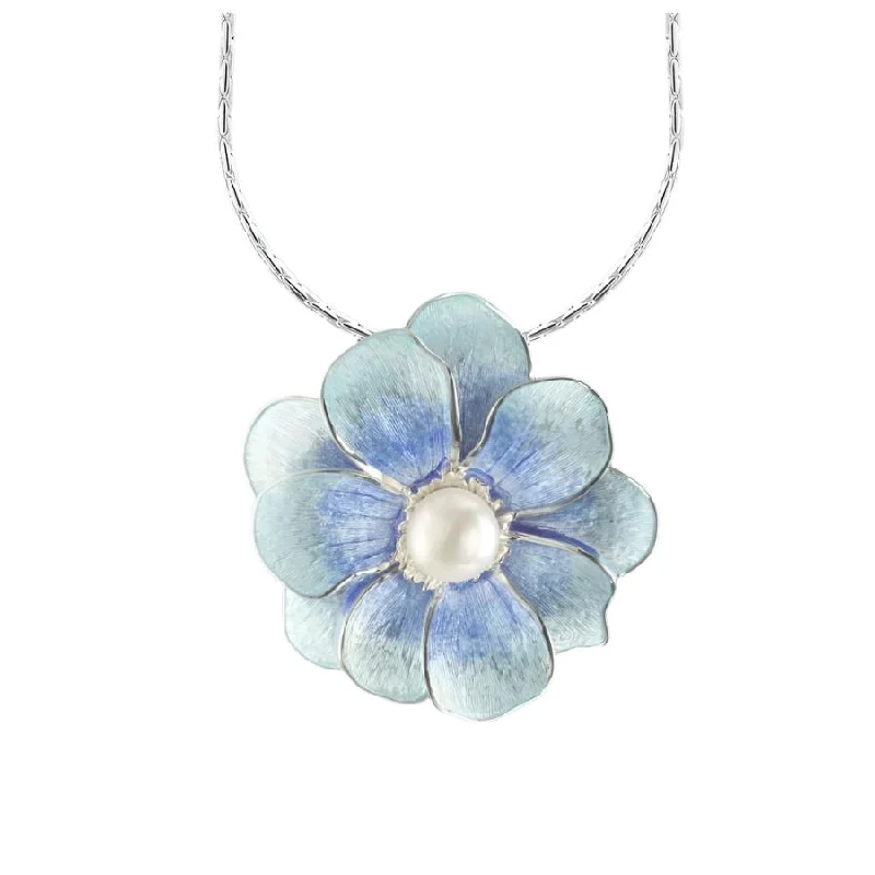 Silver & Enamel Pearl Set Blue Camelia Pendant