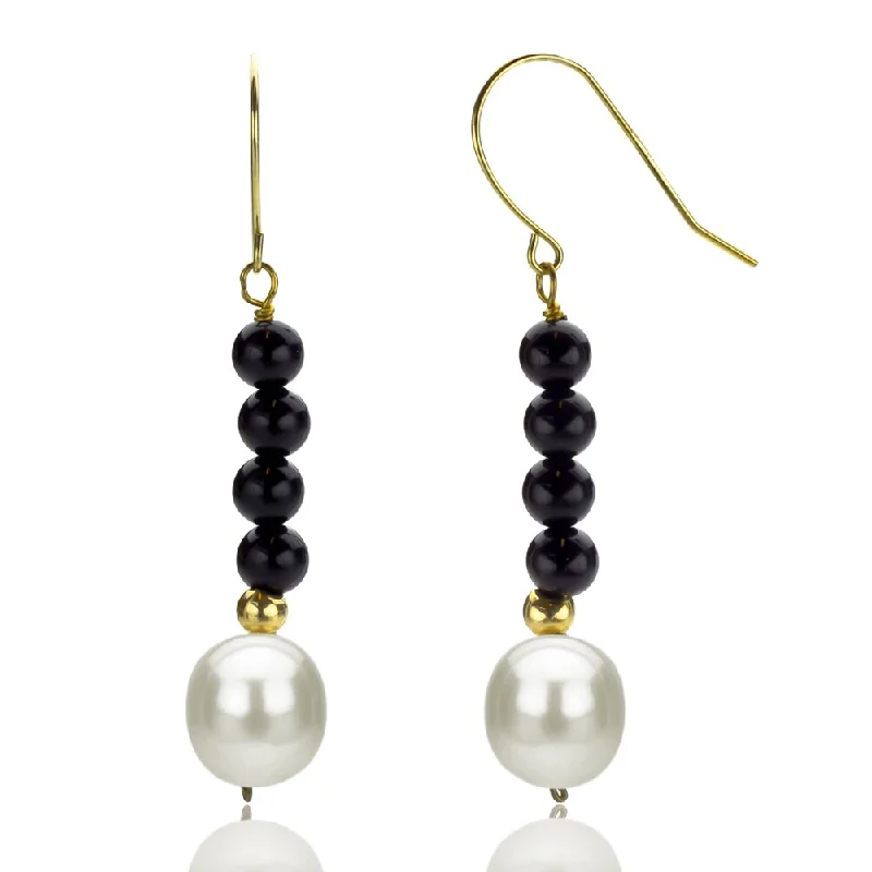 DaVonna 14k Yellow Gold Black Onyx and White Cultured Pearl Dangle Earring