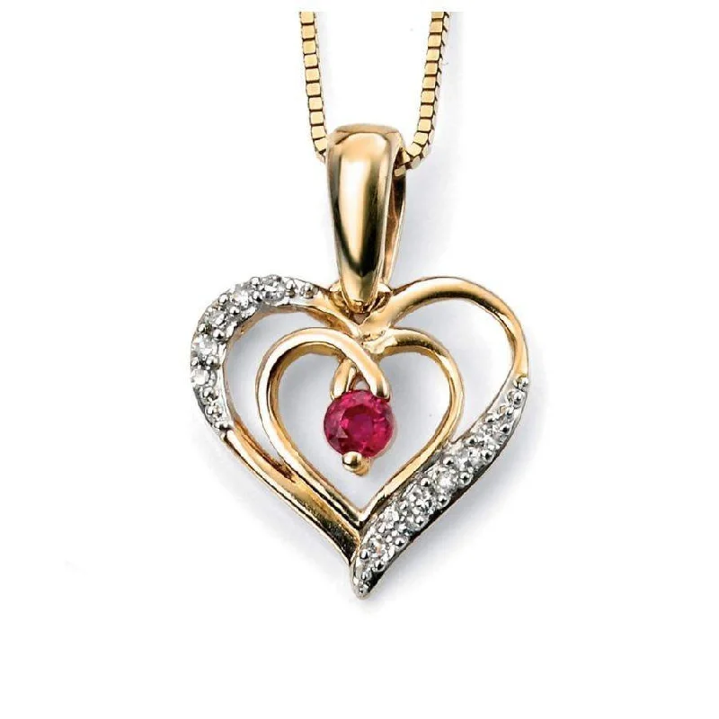 9ct Yellow Gold Ruby & Diamond Set Heart Pendant