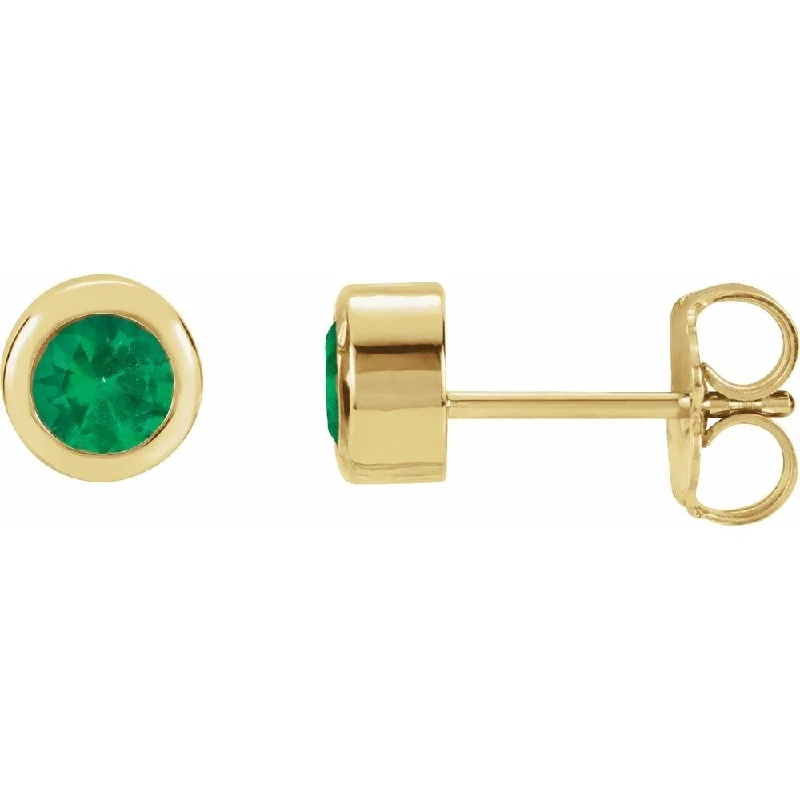 14k Yellow Gold 4 mm Round Chatham Created Emerald Birthstone Stud Earring for Women