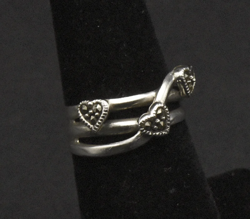 Vintage Sterling Silver and Marcasite Hearts Ring - Size 6