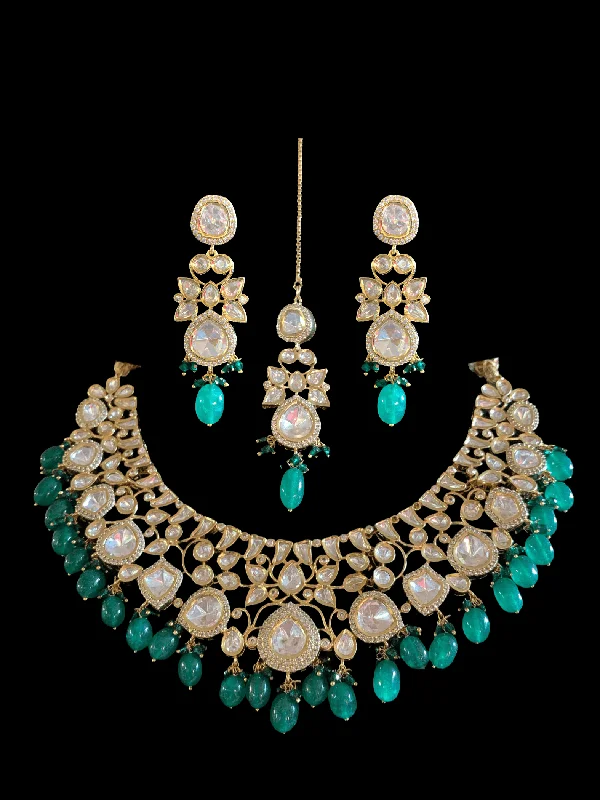 NS16 Tanu polki with emerald  beads necklace set (SHIPS IN 4 WEEKS  )