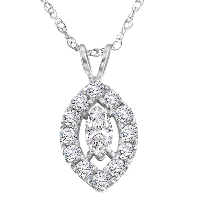 3/8 Ct Natural Marquise Halo Diamond Pendant White Gold Necklace 1/2" Tall