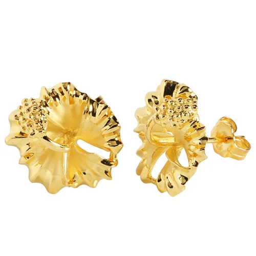 Sterling Silver 15mm Hibiscus Stud Earring Yellow Gold Plated