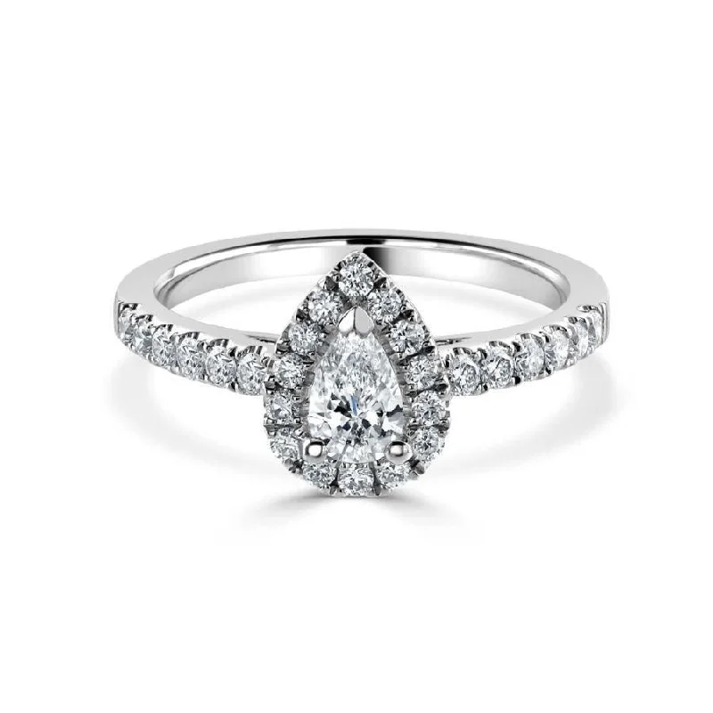 Platinum Pear Shaped Halo Cluster Ring with Diamond Shoulders