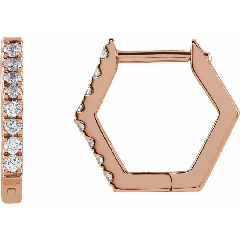 Curata 14k Rose Gold Hinged Posts Polished 0.13 Carat Diamond Geometric Hoop Earring