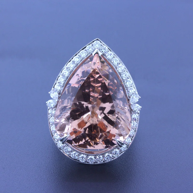 30.27 Carat Morganite Diamond 18k White Gold Cocktail Ring