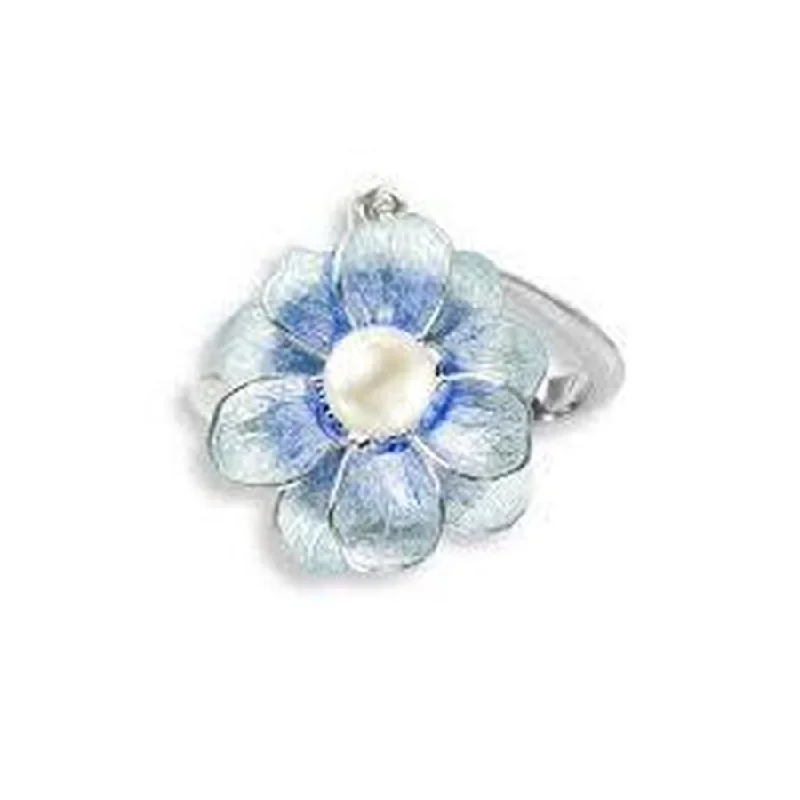 Silver & Enamel Pearl Set Blue Floral Ring