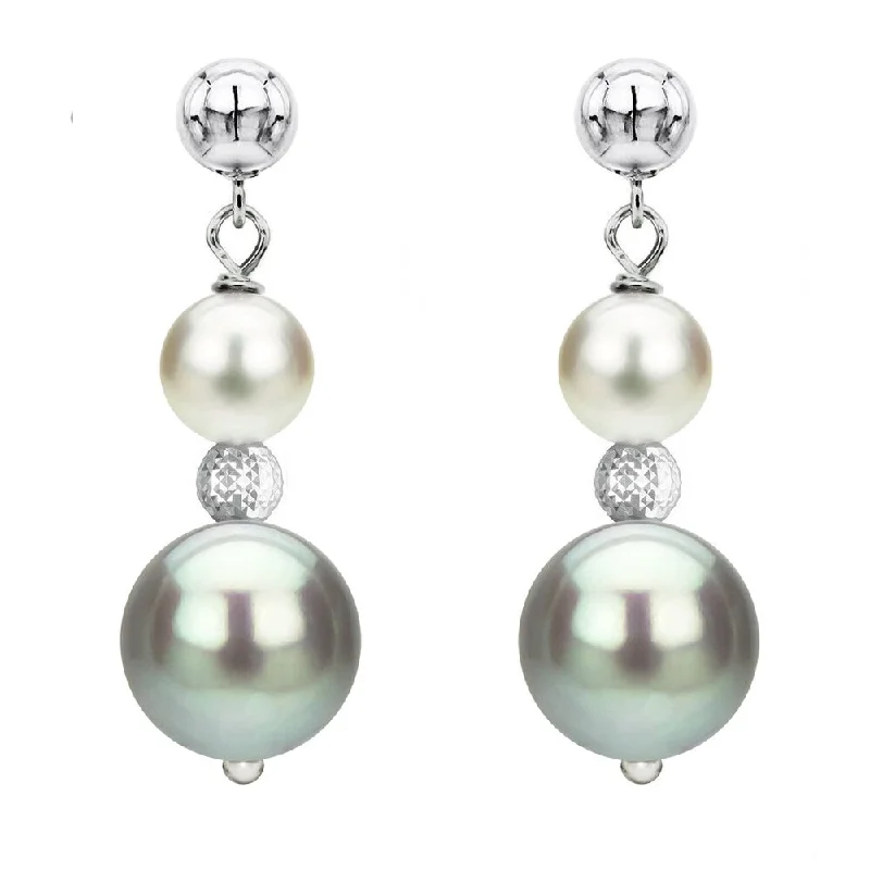 DaVonna Sterling Silver 6-6.5mm and 9-10mm White & Grey Multi Color Freshwater High Luster Pearl Dangle Stud Earring