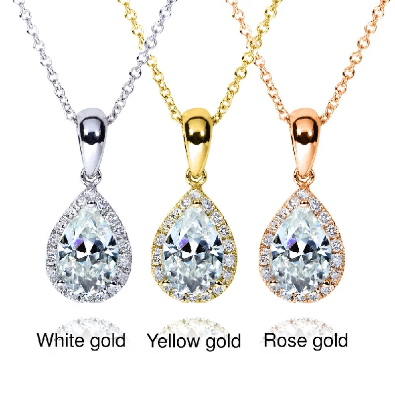 Annello by Kobelli 14k Gold 1ct TGW Pear-cut Moissanite and Diamond Halo Necklace