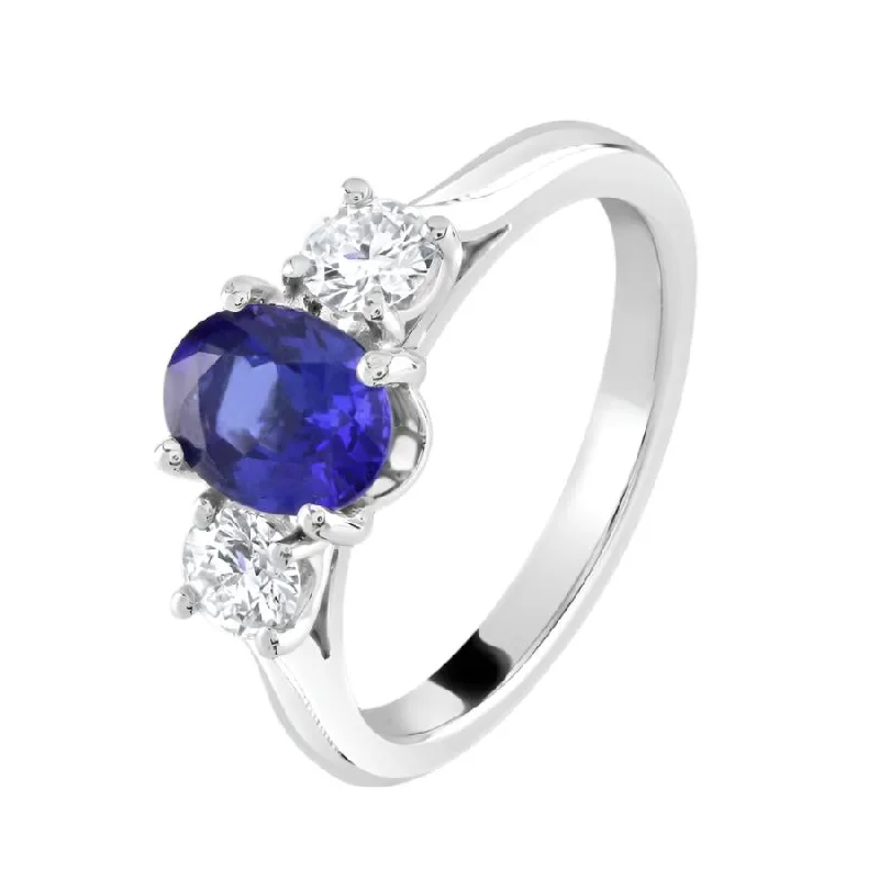 Platinum Oval Cut Sapphire & Round Brilliant Cut Diamond Trilogy Ring