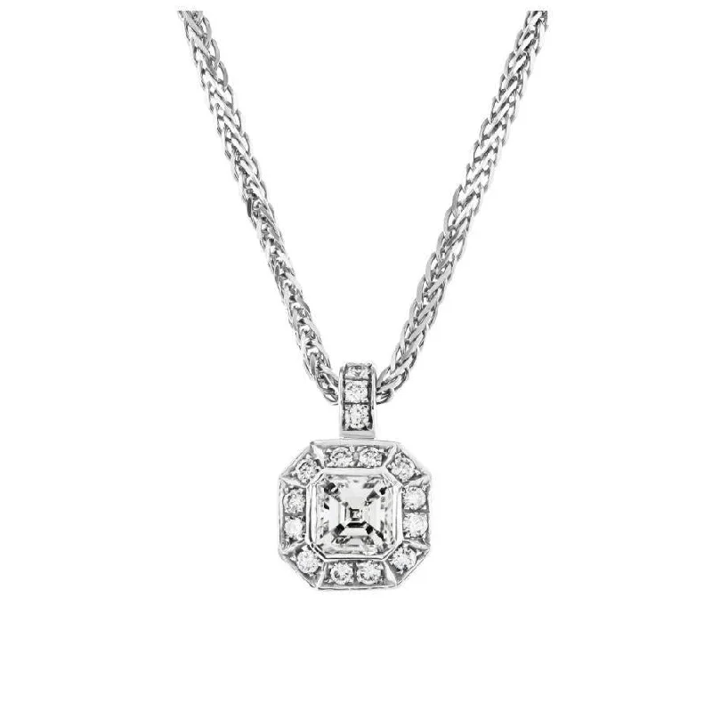 18ct White Gold Asscher Cut Diamond Octagonal Halo Cluster Pendant