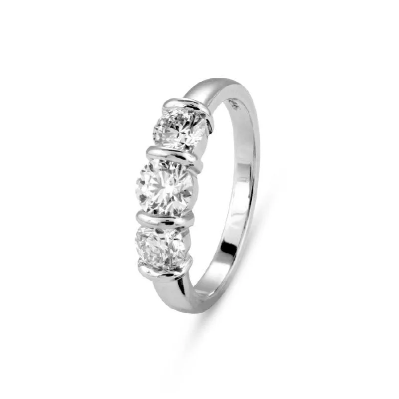 Platinum Bar Set Round Brilliant Cut Diamond Trilogy Ring