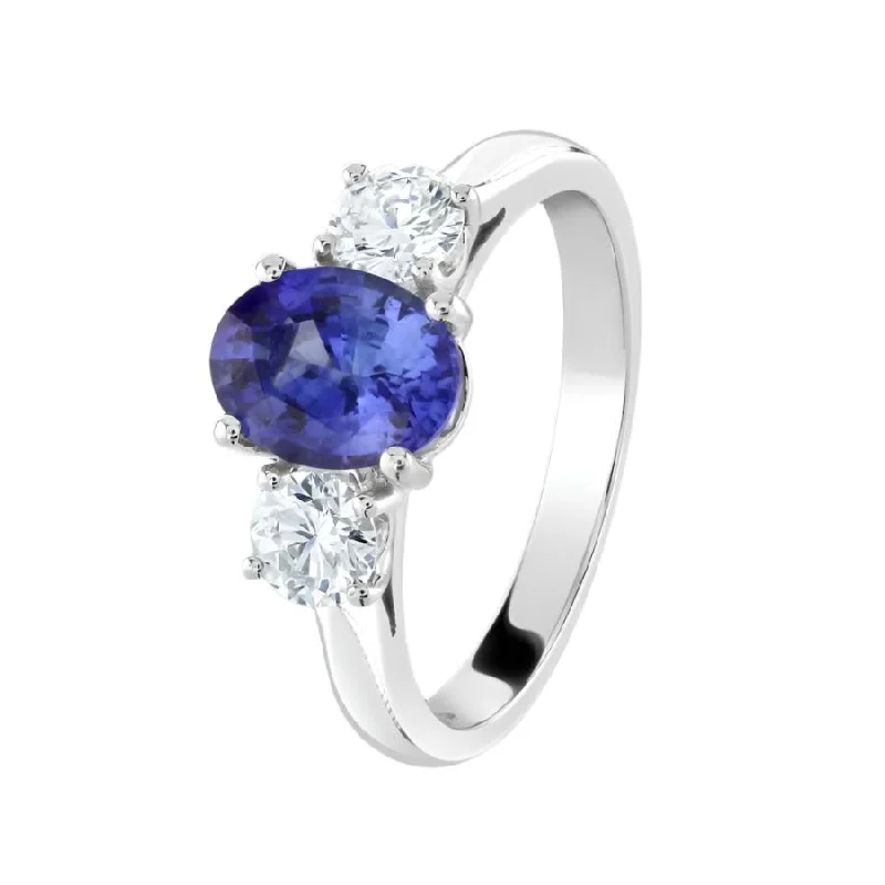 Platinum Oval Cut Sapphire & Round Brilliant Cut Diamond Trilogy Ring