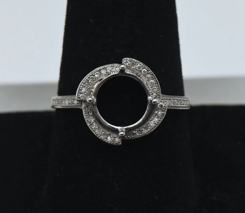 NOS Sterling Silver Diamonds 9mm Round Semi-Mount Ring - Size 9