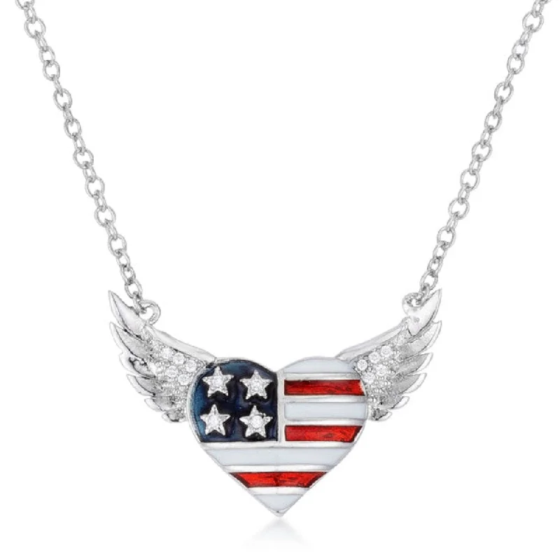 0.14 Ct Patriotic Winged Heart Necklace With Cz Accents - 16 Inch