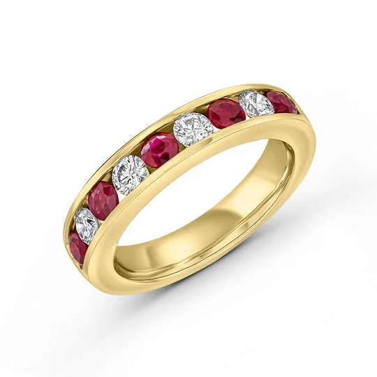 18ct Yellow Gold Round Ruby & Diamond Channel Set 9 Stone Half Eternity Ring