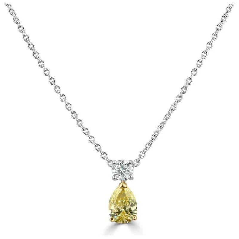 18ct White Gold Pear Cut Fancy Yellow Diamond & Round Brilliant Cut Diamond Drop Pendant