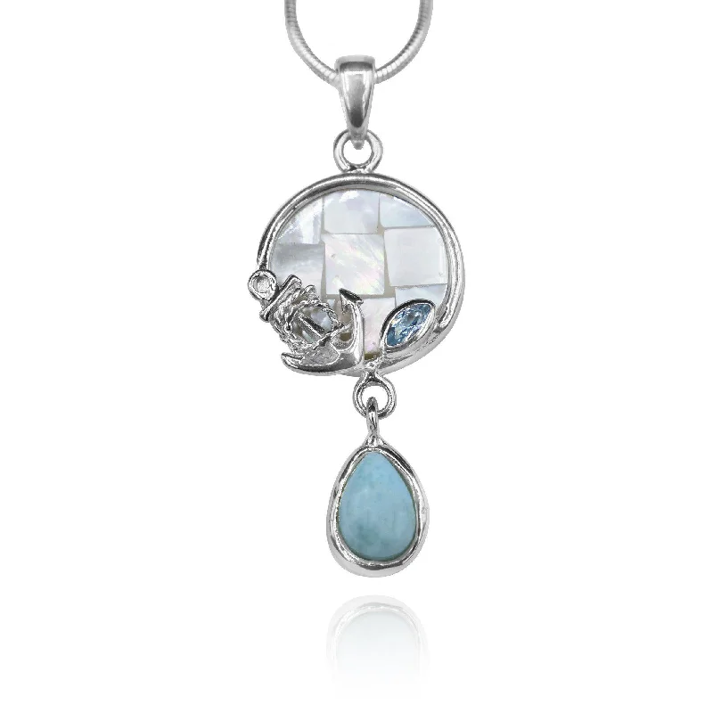 Anchor Pendant Necklace with Blue Topaz, Mother of Pearl Mosaic and Larimar Stone