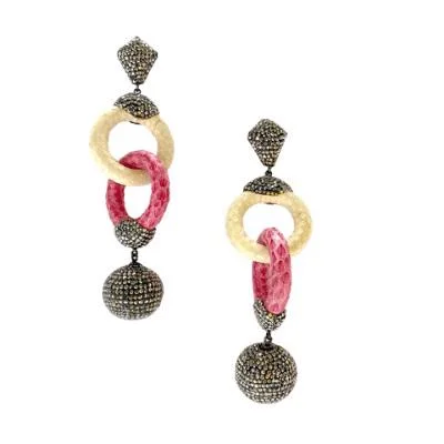 EARRING DOUBLE HOOP BEIGE PINK HEMATITE (BLACK RHODIUM PLATED)