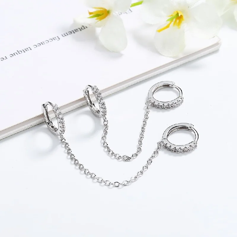 Sterling Silver Double Huggie Dainty Hoop Chain Earring with Crystals from Swarovski