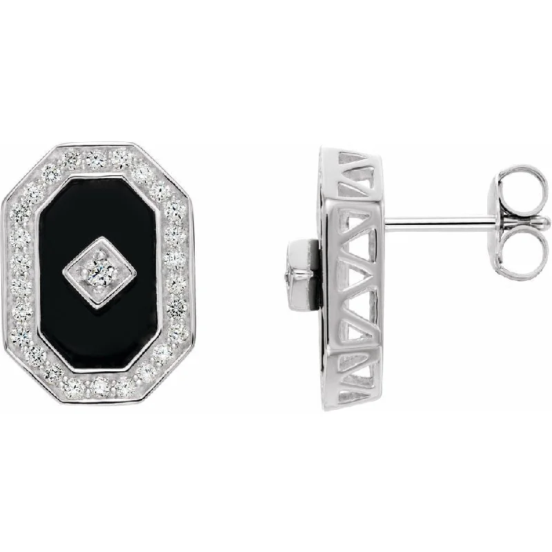 Sterling Silver Onyx & Cubic Zirconia Halo-Style Stud Earring for Women