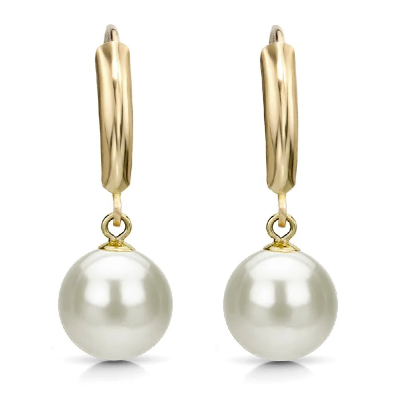 DaVonna 14k Yellow Gold 9-10mm White Freshwater Pearl Dangle Earring