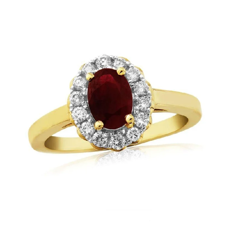 9ct Yellow Gold Oval Cut Ruby & Diamond Halo Cluster Ring